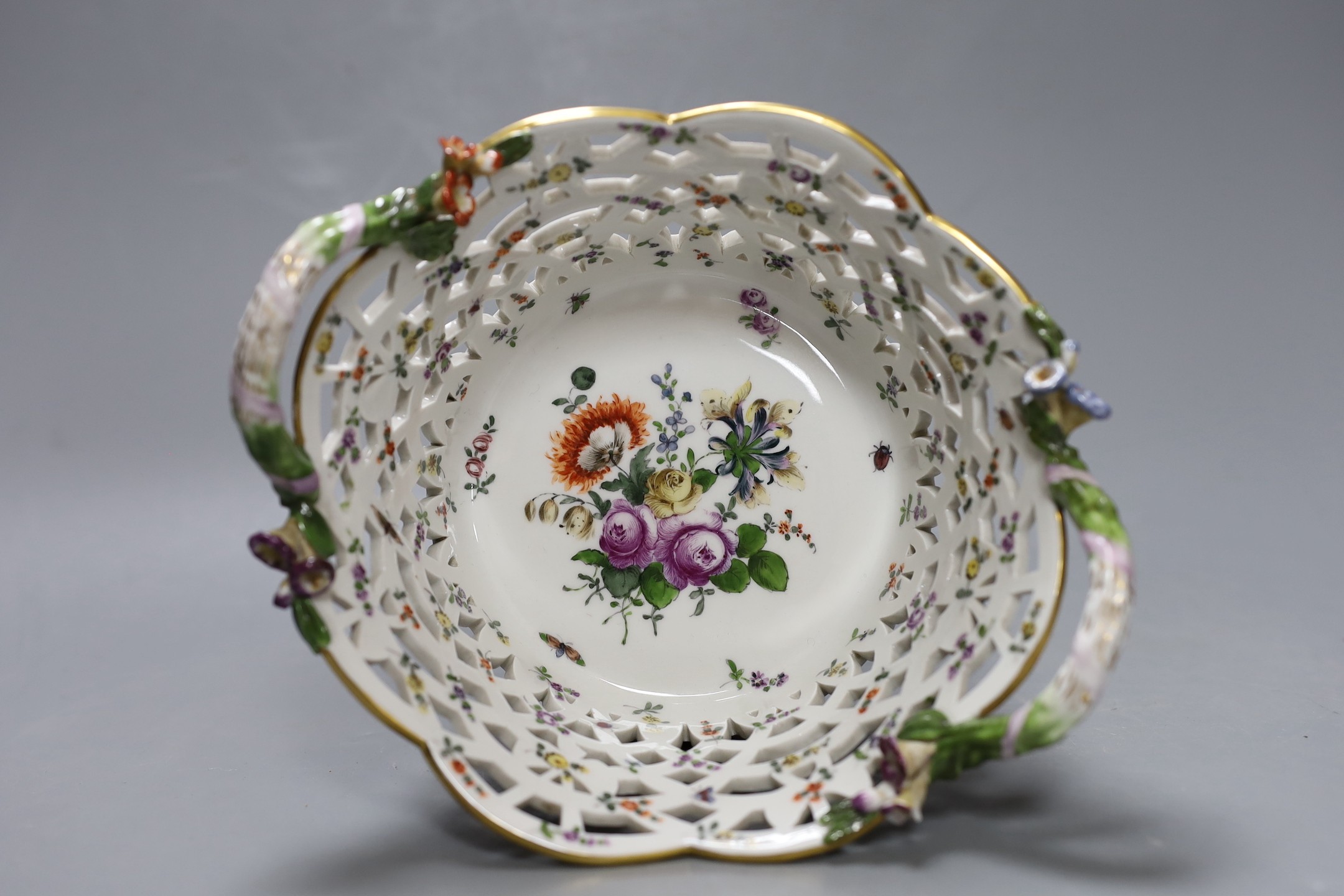 A two handled German silver mounted circular floral Berlin porcelain basket. 10cm high